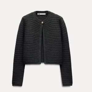 Zara Dark Gray Cropped Knit Cardigan with Gold Button